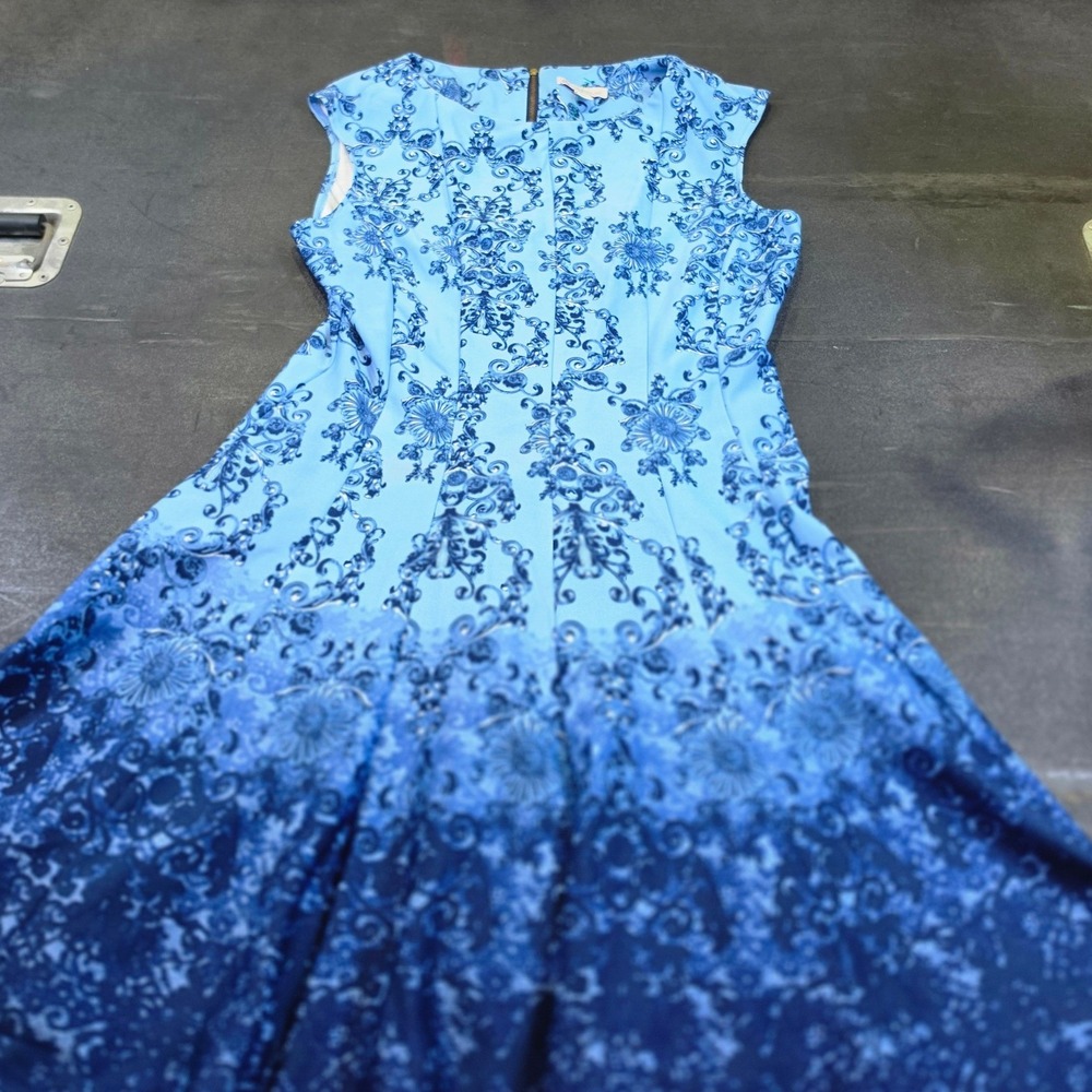 db estab 1962 Blue Ombre Damask Floral Fit Flare Coastal Romantic Dress Size 12